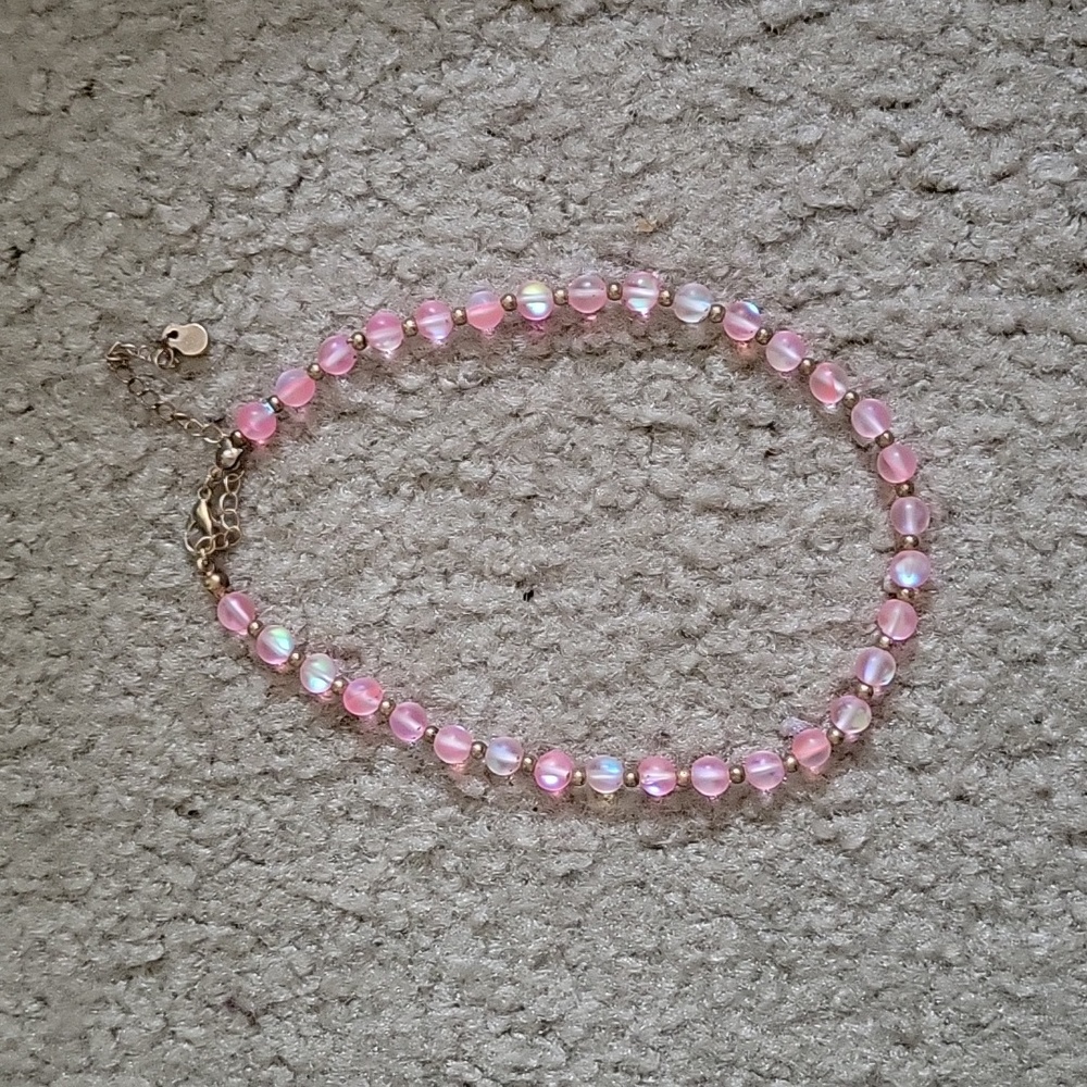 Pink Iridescent Bead Choker Necklace 14"